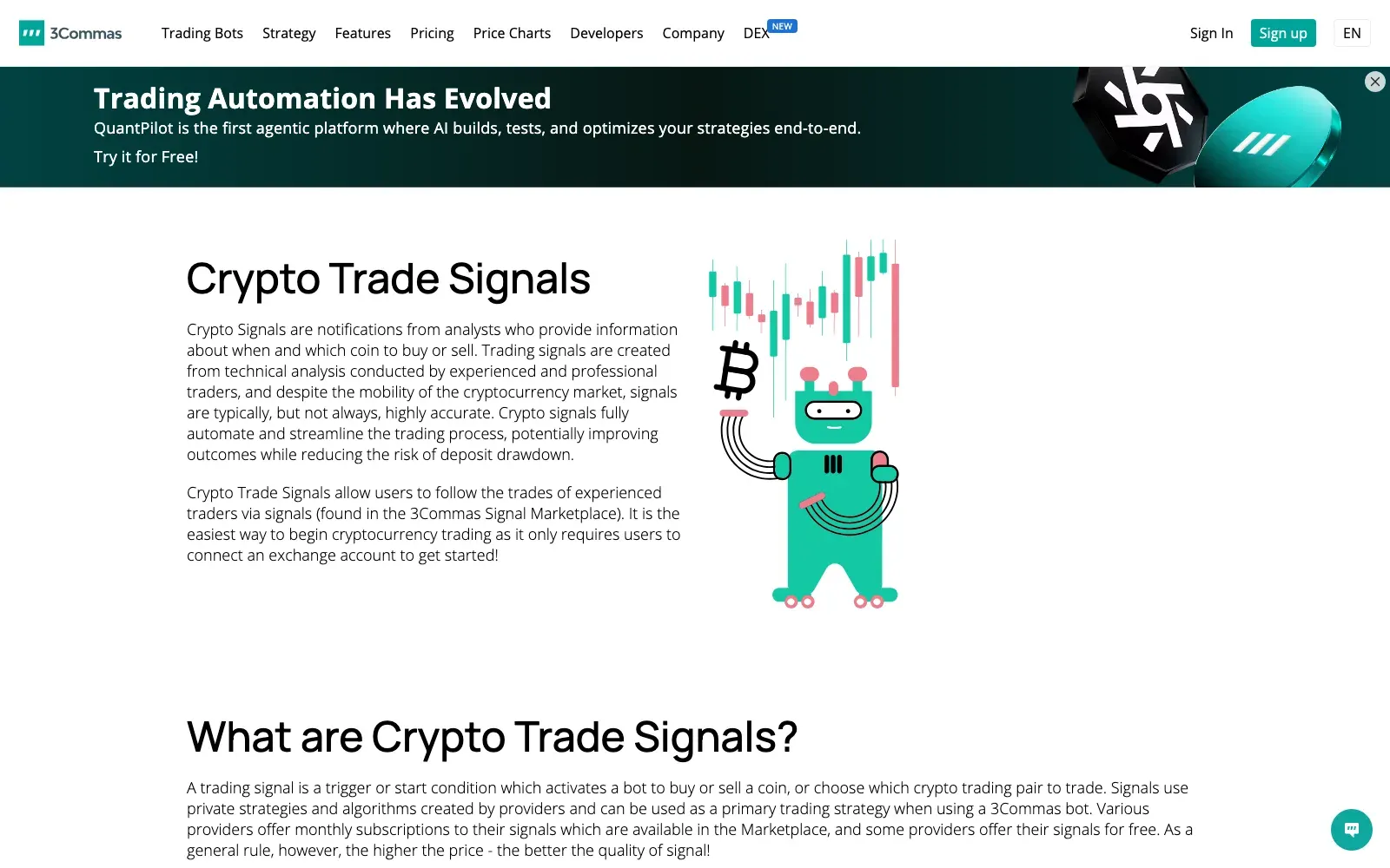 3Commas Crypto Trade Signals page explaining that signals come from providers in the 3Commas Signal Marketplace and can start bots