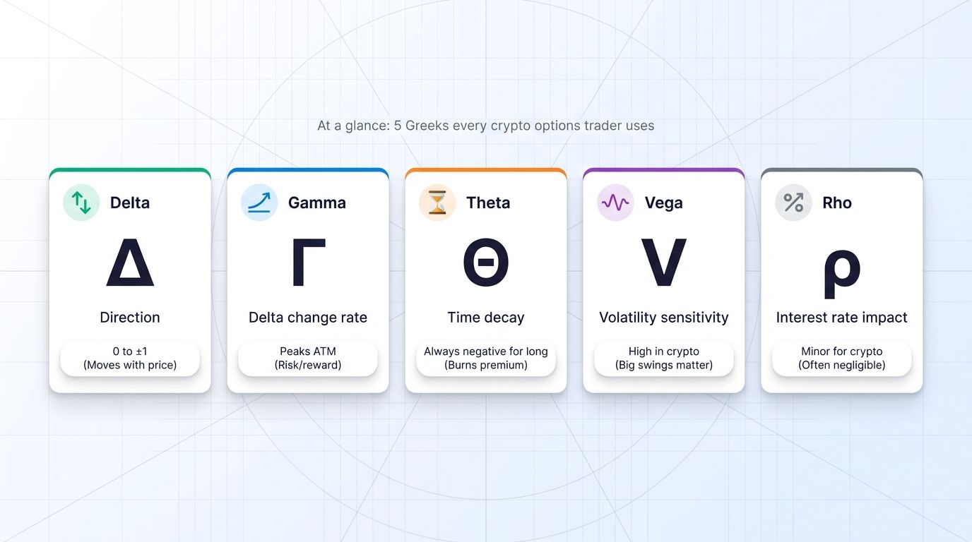 Five Options Greeks summarized on one card grid