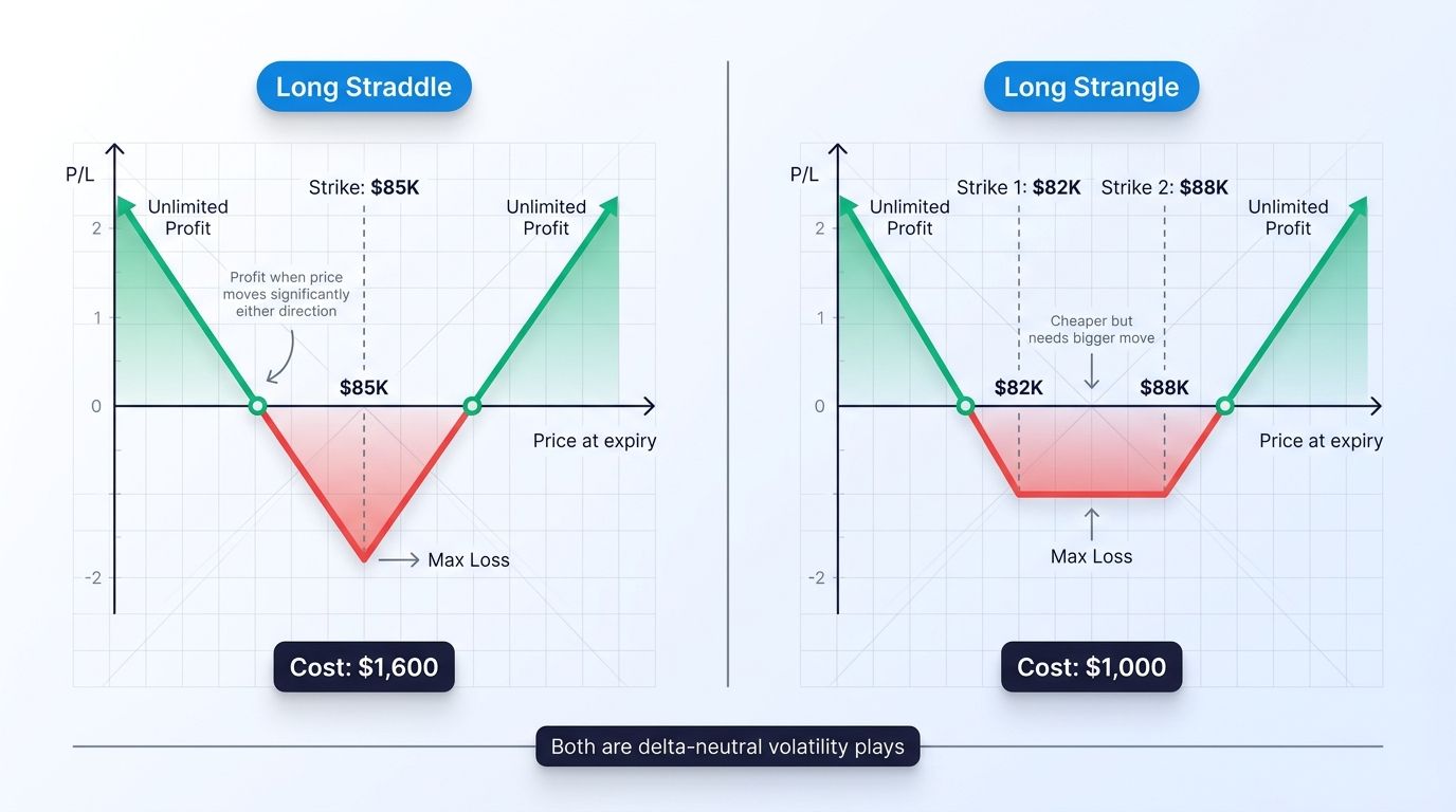 Long straddle and long strangle payoff diagrams compared