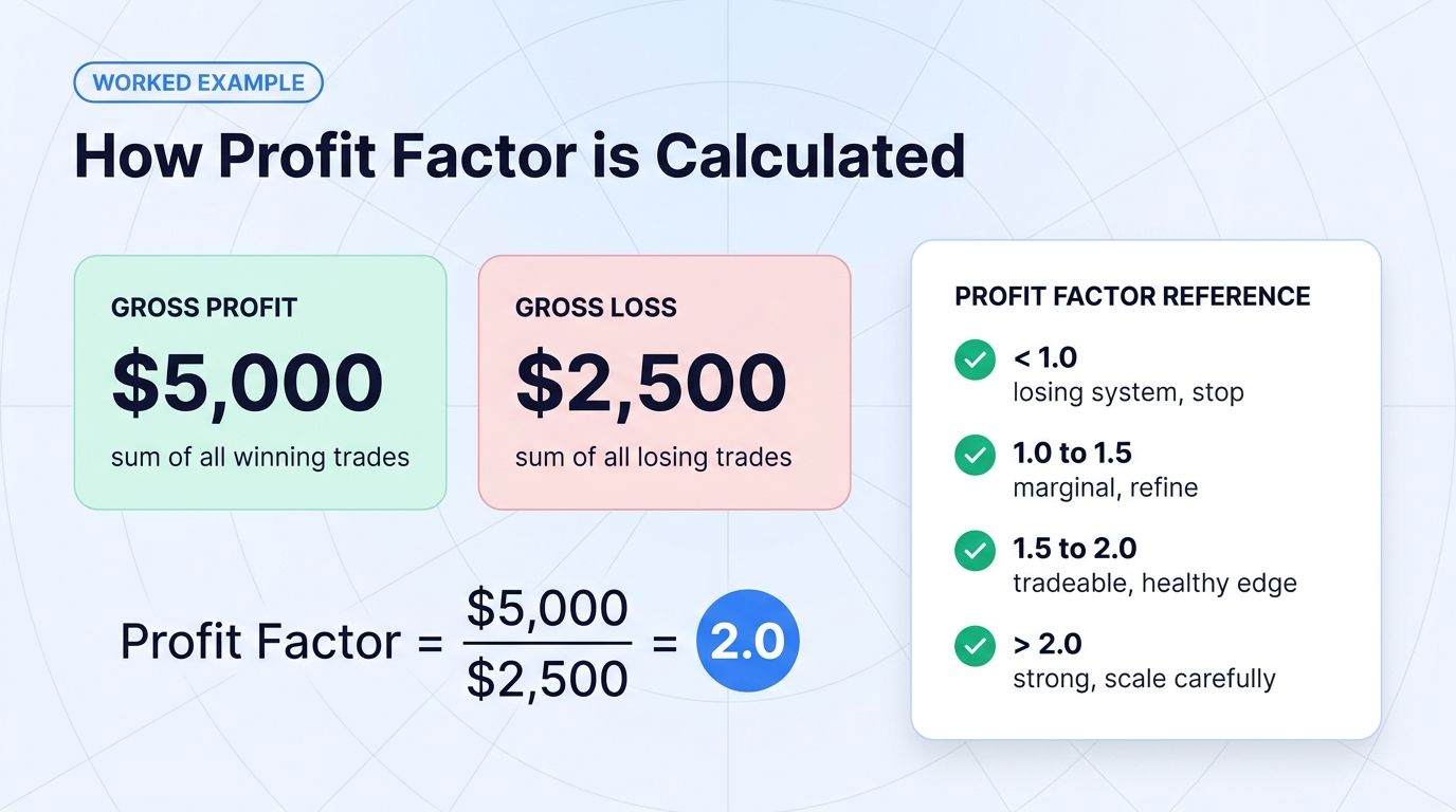 Worked example showing profit factor calculated as Gross Profit $5,000 divided by Gross Loss $2,500 equals 2.0, with profit factor reference table from below 1.0 (losing) to above 2.0 (strong)