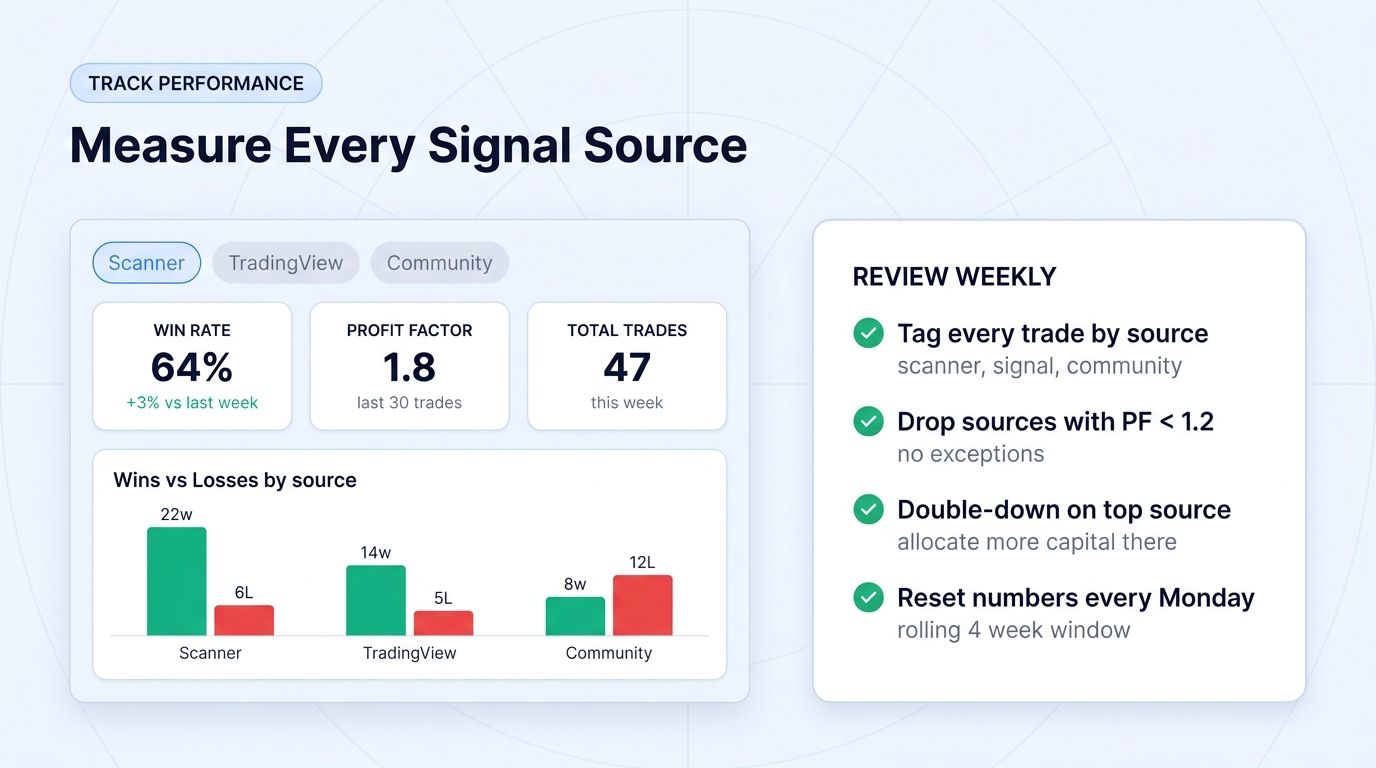 Performance tracking dashboard for crypto signals showing win rate 64%, profit factor 1.8, total trades 47, plus wins-vs-losses bar chart broken down by signal source (Scanner, TradingView, Community)