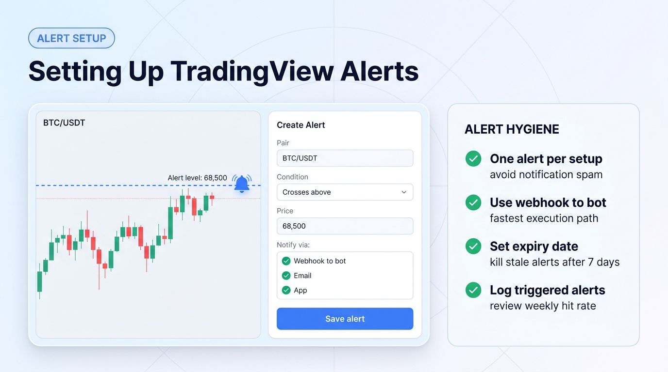 TradingView alert setup with BTC/USDT chart showing 68,500 alert level, alongside Create Alert form with pair, condition, price, and webhook/email/app notification options