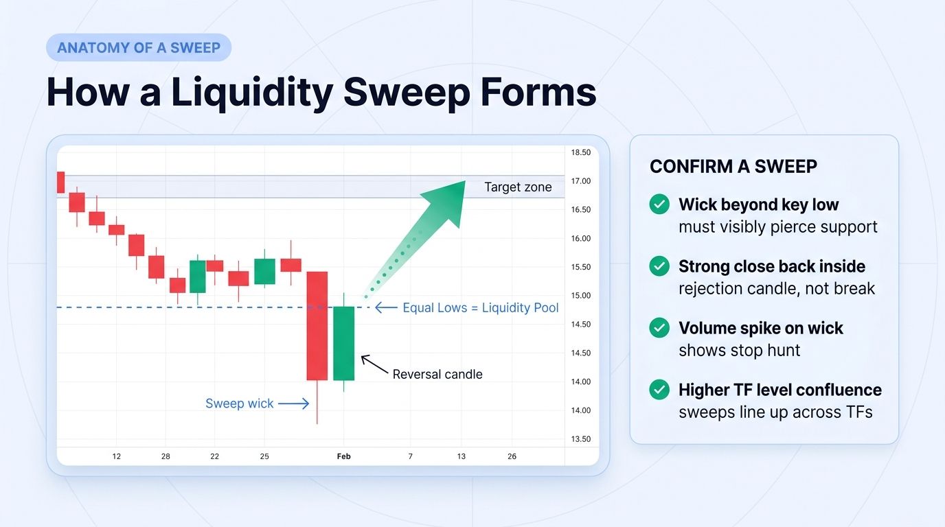 Anatomy of a liquidity sweep showing equal lows liquidity pool, sweep wick piercing below support, reversal candle closing back inside, and target zone for the move
