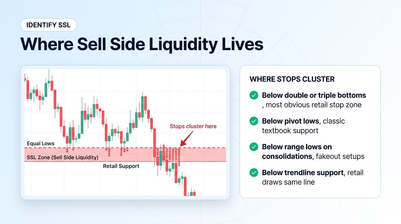 Identifying sell side liquidity on chart with equal lows level, red SSL zone with clustered stops below, retail support line, and annotation arrow pointing to where stops cluster