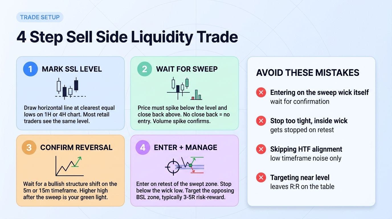 Four-step sell side liquidity trade setup: 1) mark SSL level, 2) wait for sweep, 3) confirm reversal, 4) enter and manage, plus common mistakes to avoid panel