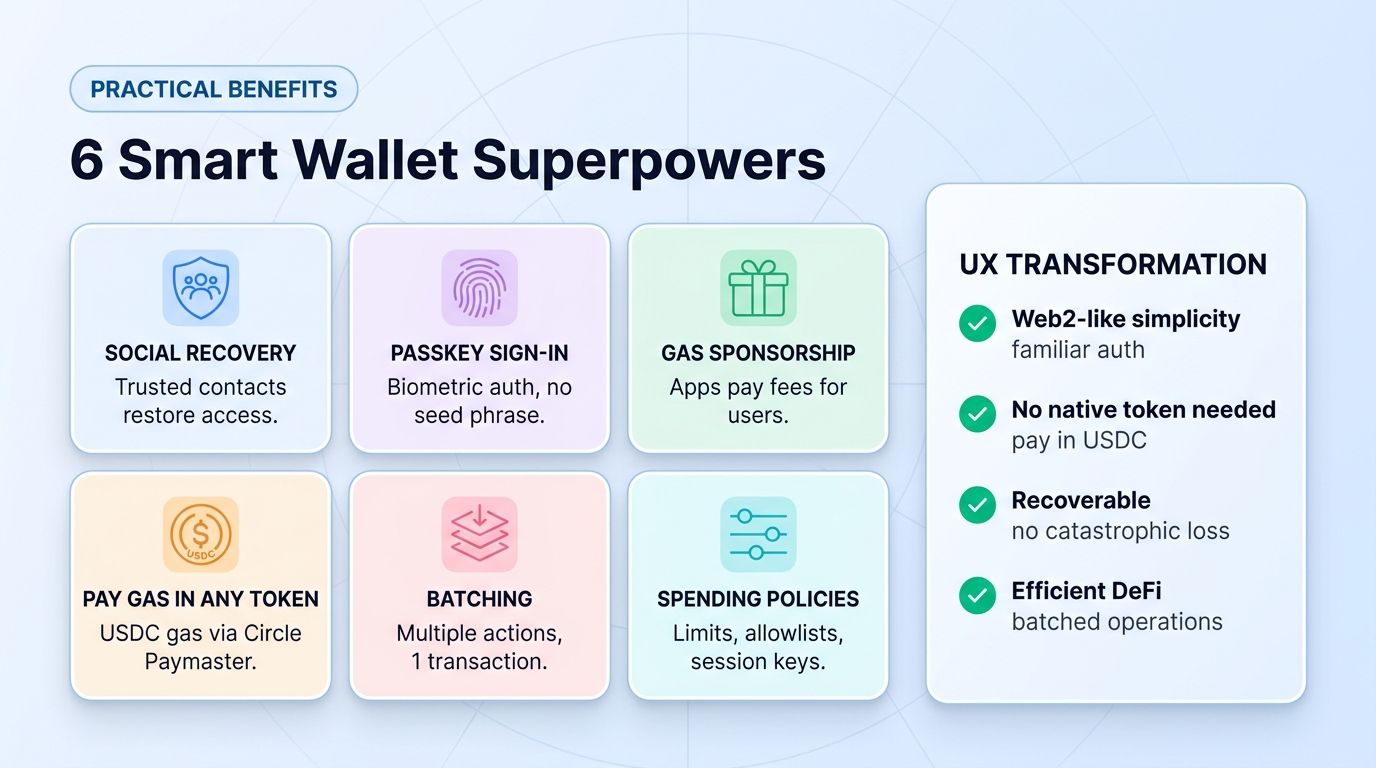 Six smart wallet benefits: recovery, passkeys, gas sponsorship, batching