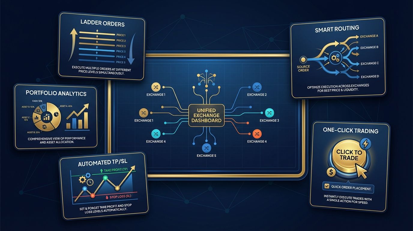 A multi-exchange dashboard with ladder orders, smart routing, and automated TP/S