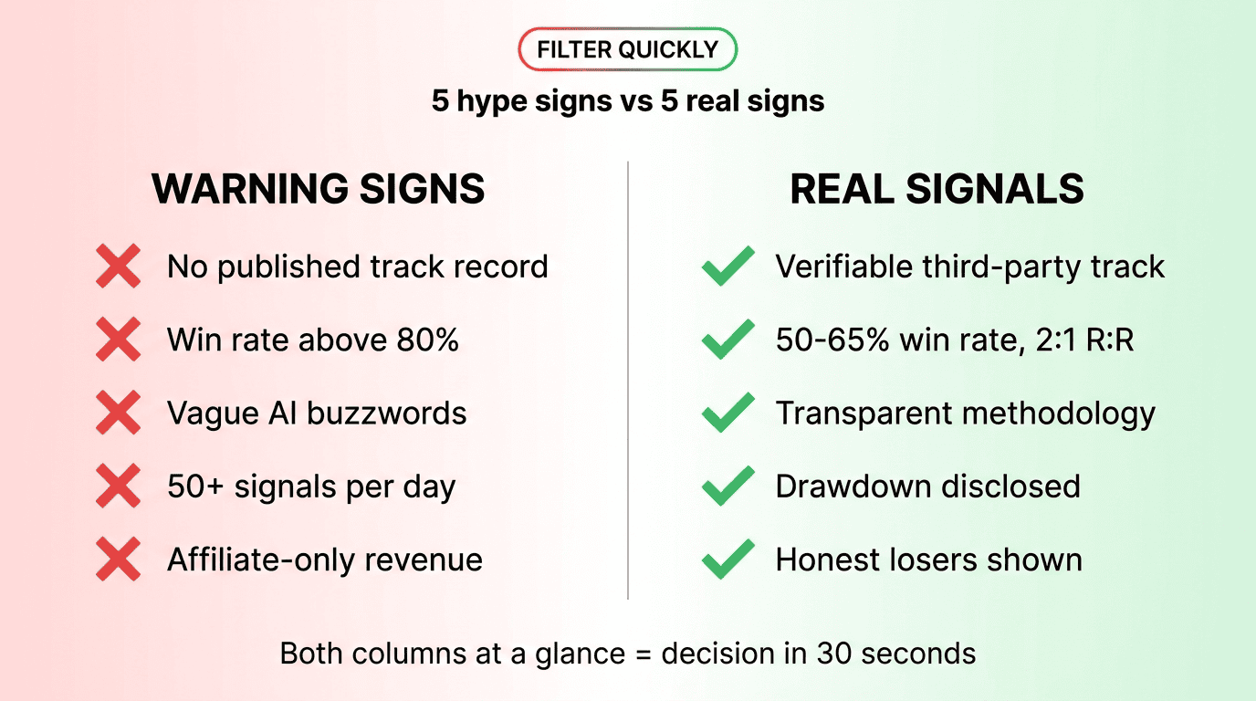 Side-by-side: hype service warning signs vs legitimate signal service traits.