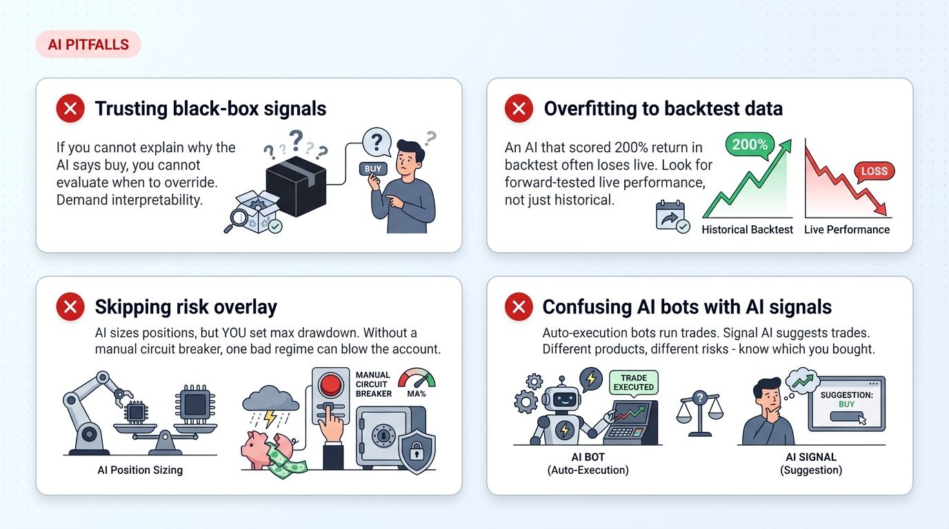 Common AI crypto trading pitfalls - black-box signals, overfitting, no risk overlay, AI bot vs AI signal confusion