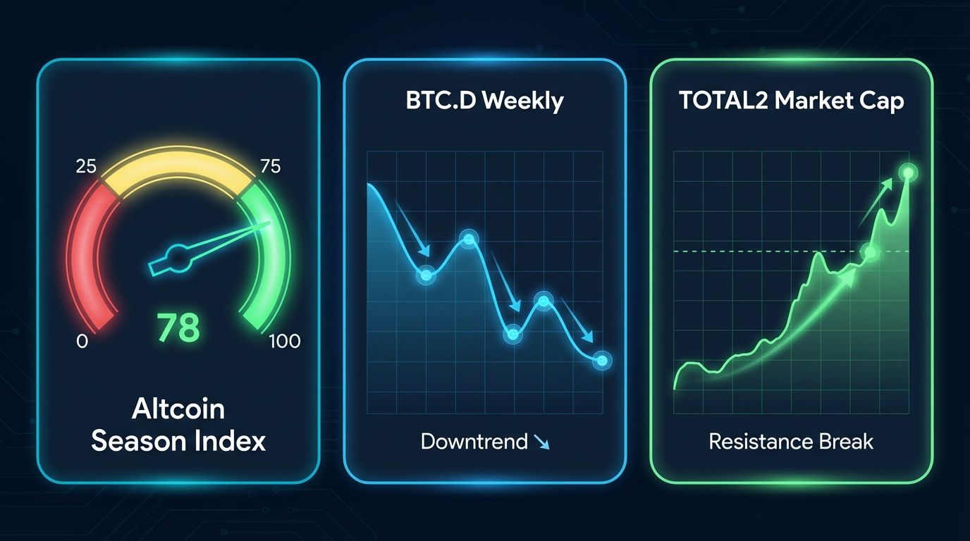 Altcoin season index gauge, BTC.D weekly downtrend, and TOTAL2 market cap breakout