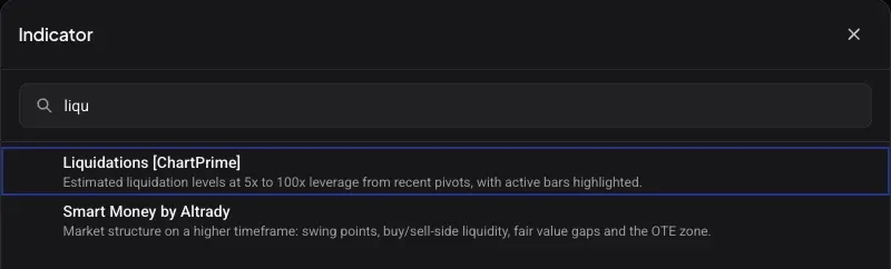 Altrady indicator search showing Liquidations [ChartPrime]: estimated liquidation levels at 5x to 100x leverage from recent pivots, with active bars highlighted