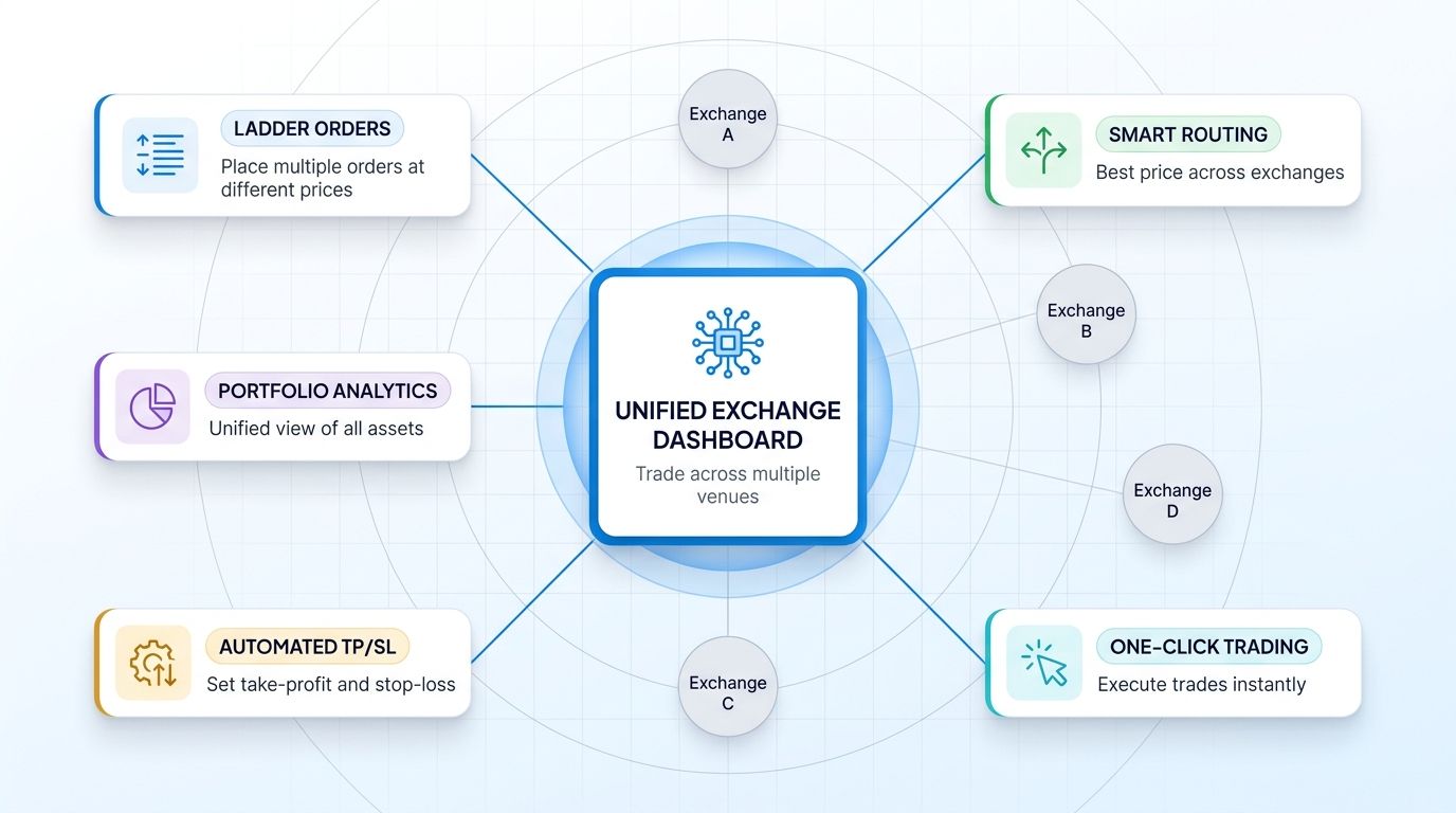 A multi-exchange dashboard with ladder orders, smart routing, and automated TP/S