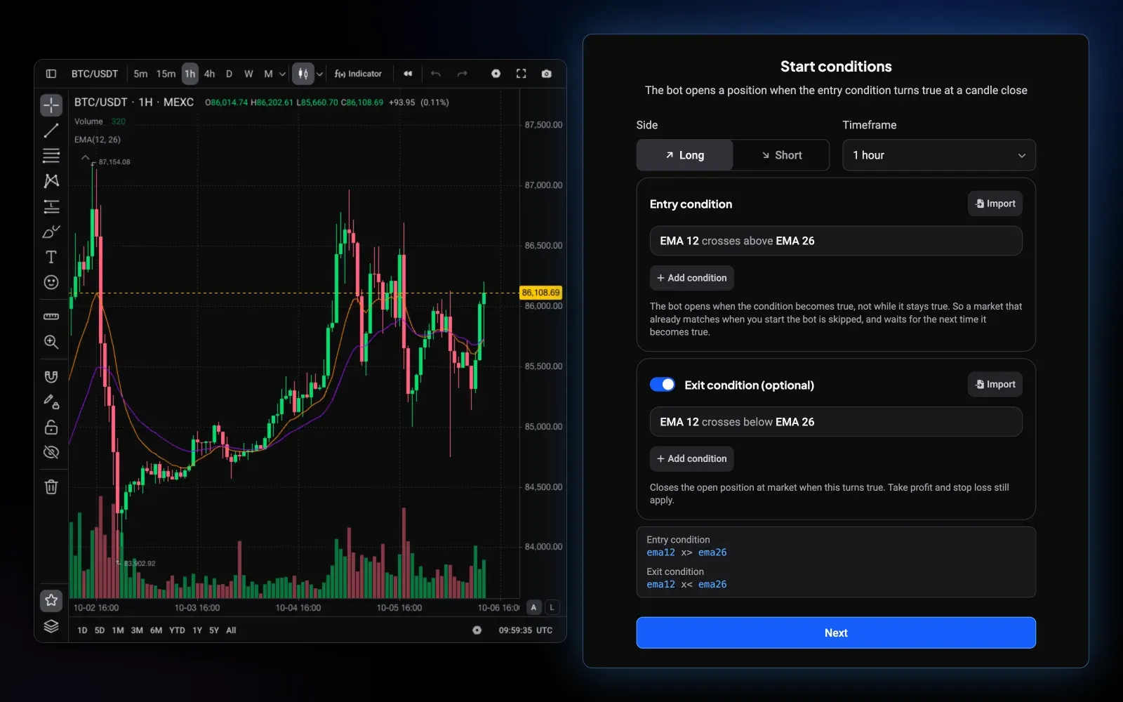 Altrady Signal Bot start conditions with an entry condition EMA 12 crosses above EMA 26 and an optional exit condition, evaluated at the candle close