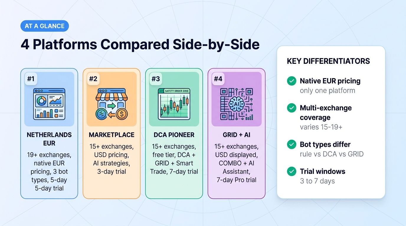 4 crypto trading bot platforms side-by-side comparison overview