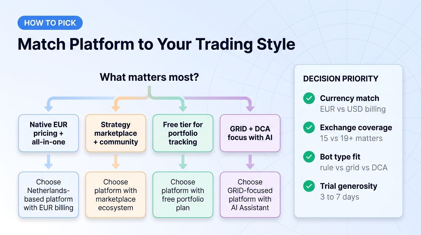 Decision framework: how to pick Altrady vs Cryptohopper vs 3Commas vs Bitsgap