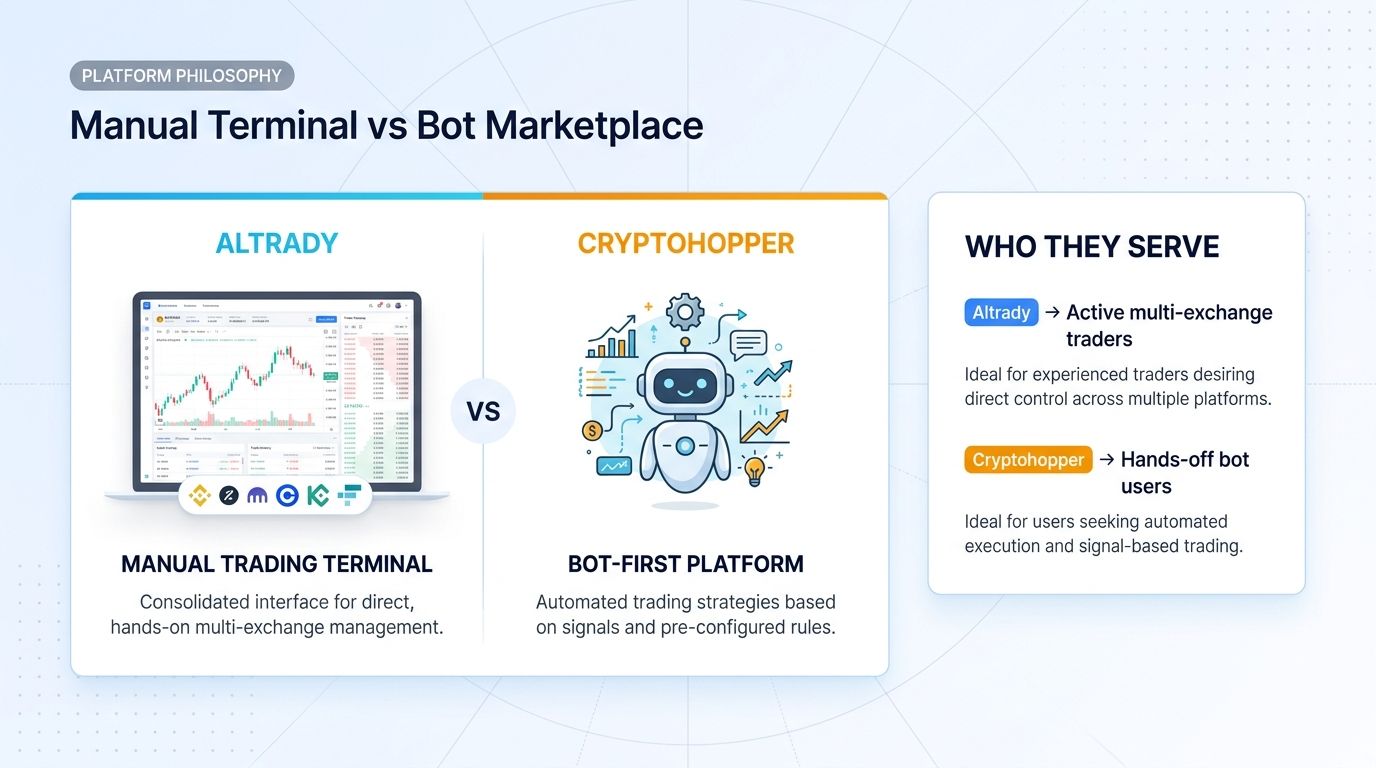 Altrady is built as manual trading terminal with bot features. Cryptohopper is bot-first platform with marketplace strategies.