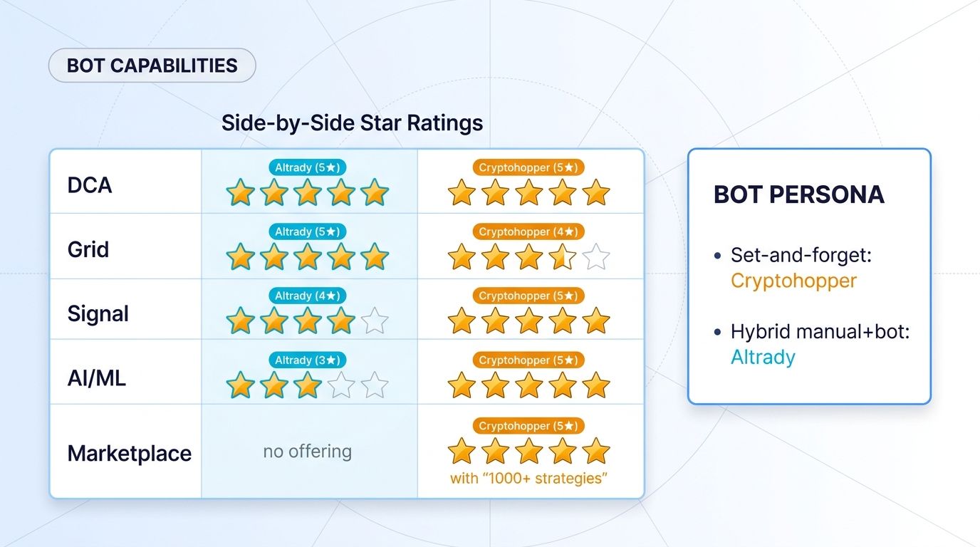 Bot capabilities side-by-side: DCA, grid, signal, AI/ML strategies, marketplace strategies. Star ratings for both platforms.
