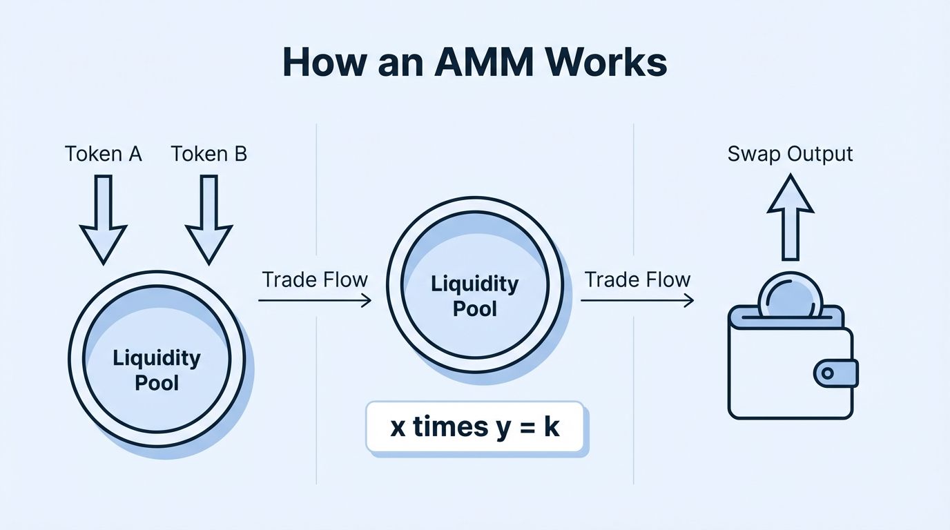 Diagram showing how an automated market maker AMM works with a liquidity pool, trade flow, and swap output