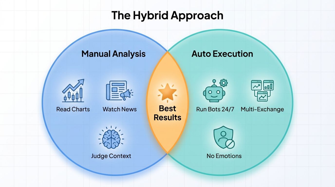Auto trading bot workflow showing five steps from strategy setup to position management