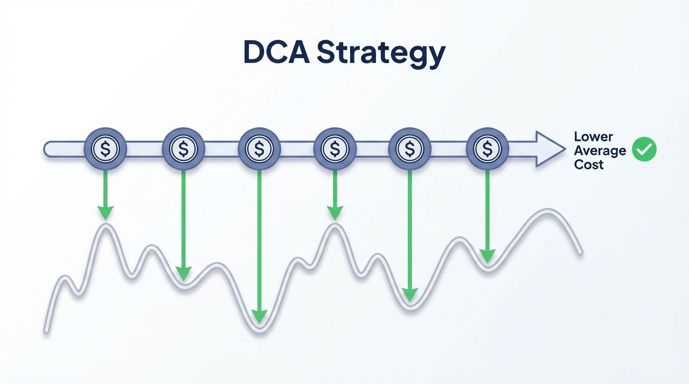Dollar cost averaging strategy timeline showing regular investments leading to lower average cost