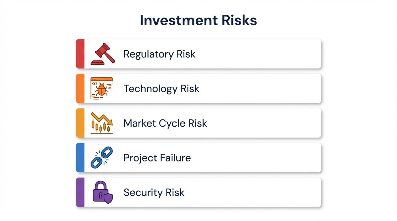 Five investment risk categories for long-term crypto including regulatory technology market cycle project failure and security