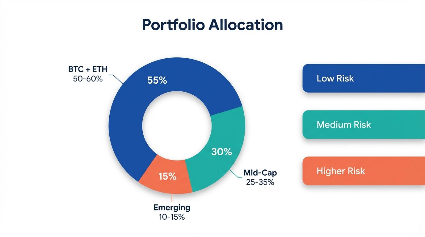 Portfolio allocation donut chart showing 55 percent BTC ETH 30 percent mid-cap and 15 percent emerging crypto
