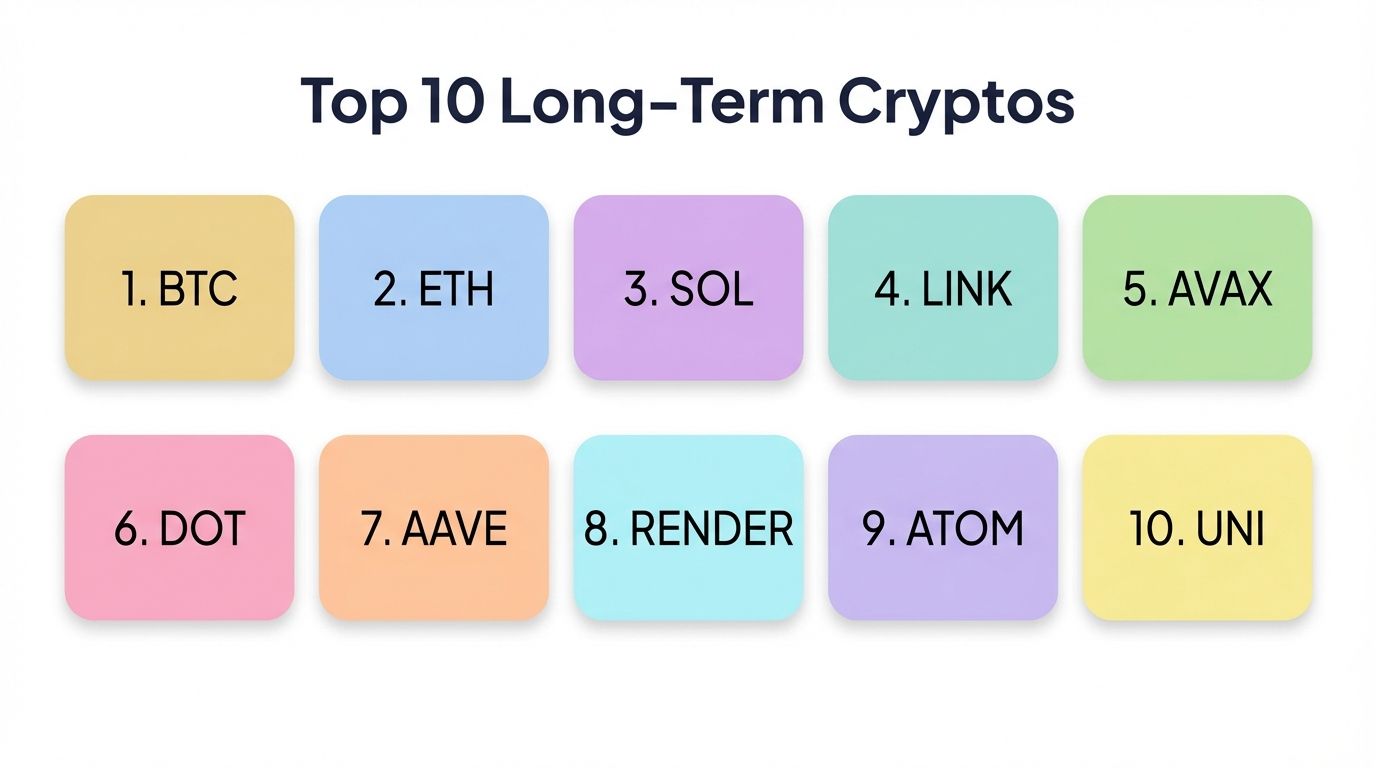 Grid showing top 10 cryptocurrencies for long-term investment including Bitcoin Ethereum Solana and more