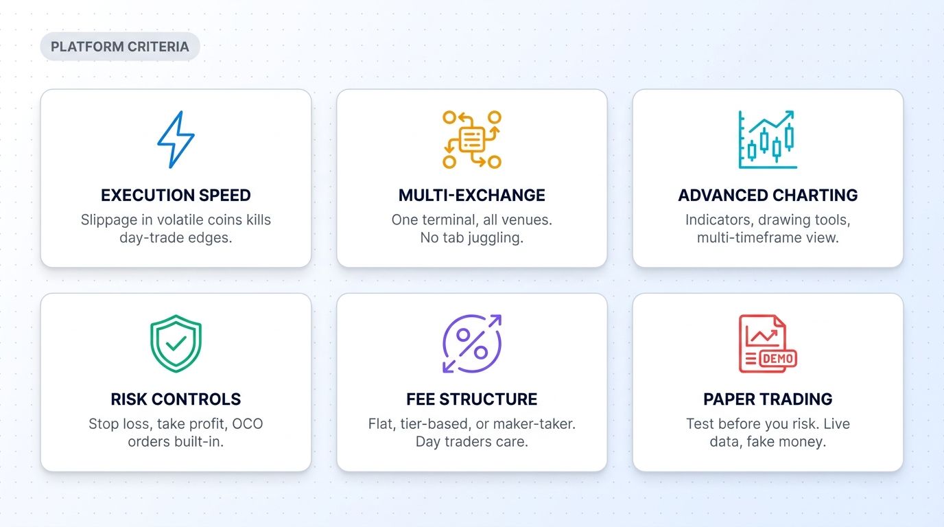 Six criteria for choosing a crypto day trading platform - execution speed, multi-exchange, charting, risk controls, fees, paper trading