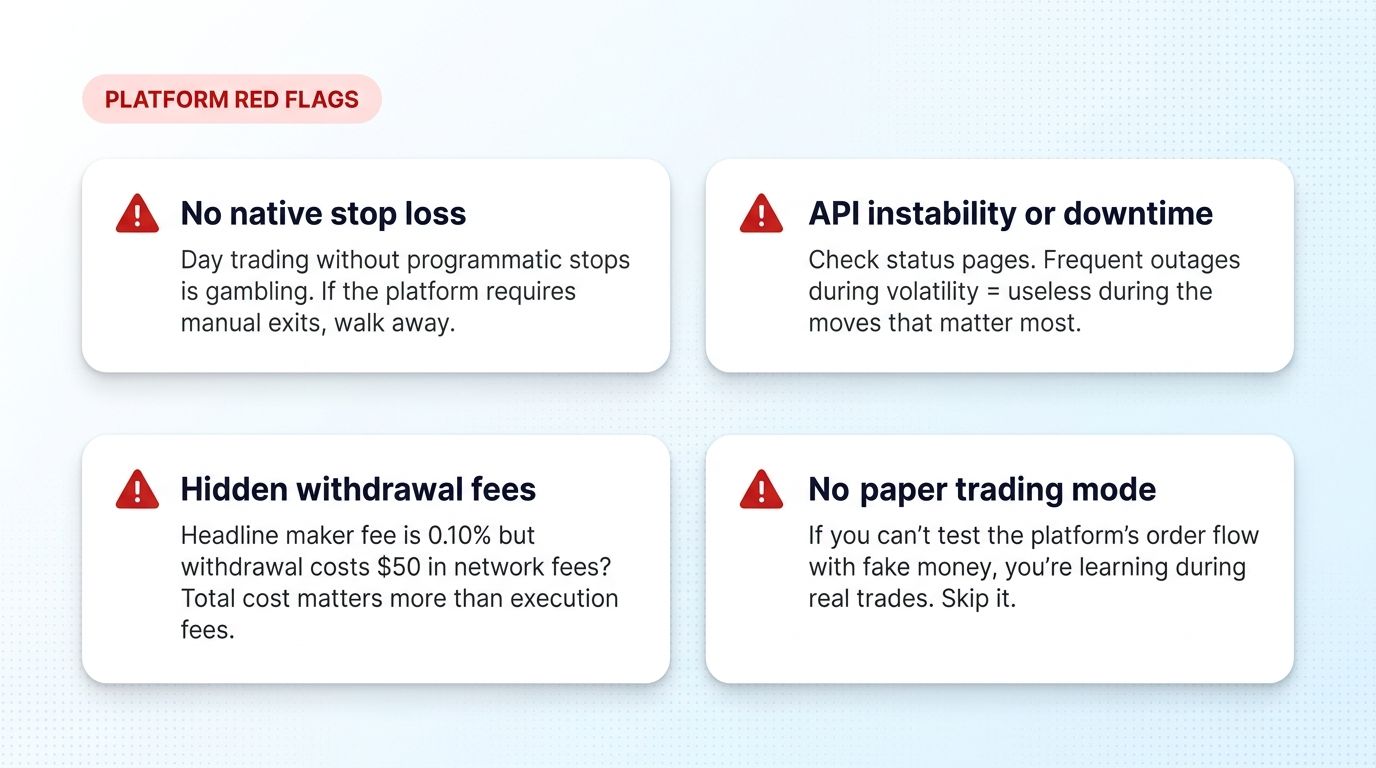 Crypto day trading platform red flags - no native stop loss, API instability, hidden fees, no paper trading