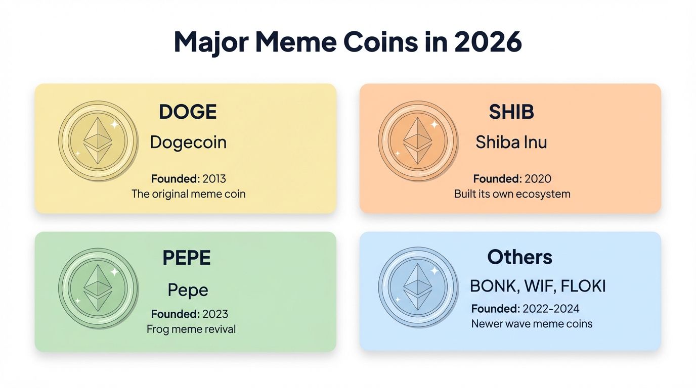 Four major meme coins in 2026: DOGE Dogecoin founded 2013, SHIB Shiba Inu 2020, PEPE 2023, and others including BONK WIF FLOKI