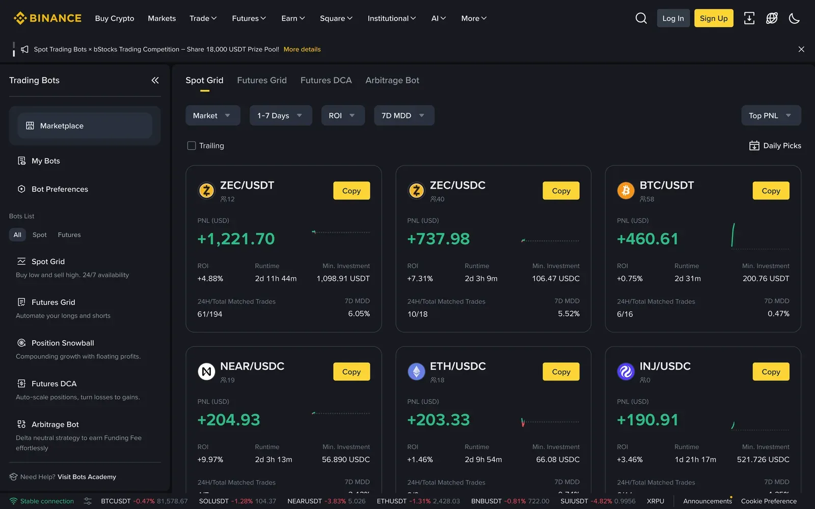 Binance's Trading Bots marketplace listing copyable spot grid and futures DCA bots with their historical profit and loss figures