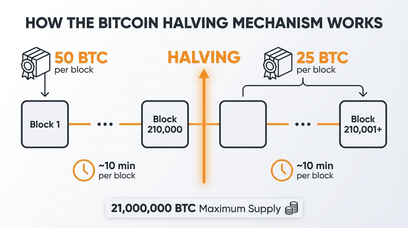 Bitcoin block reward halving mechanism every 210,000 blocks