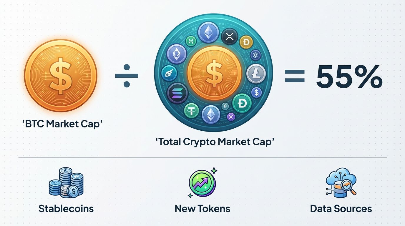 Bitcoin dominance is calculated by dividing BTC market cap by total crypto marke