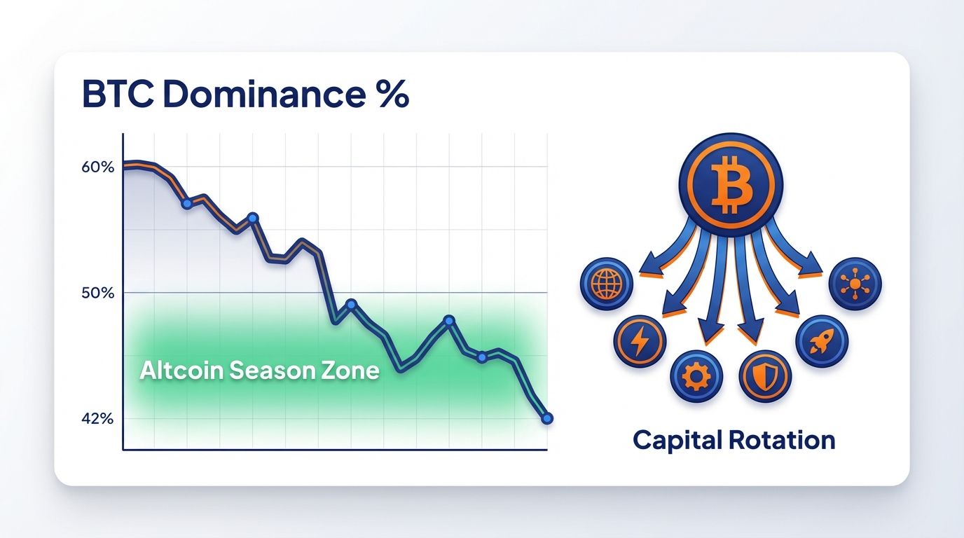 Bitcoin dominance drop triggering altcoin season with capital rotation diagram