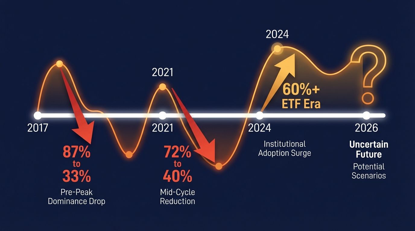 Bitcoin dominance has followed clear cycles: 87% in 2017, dropping to 33% during