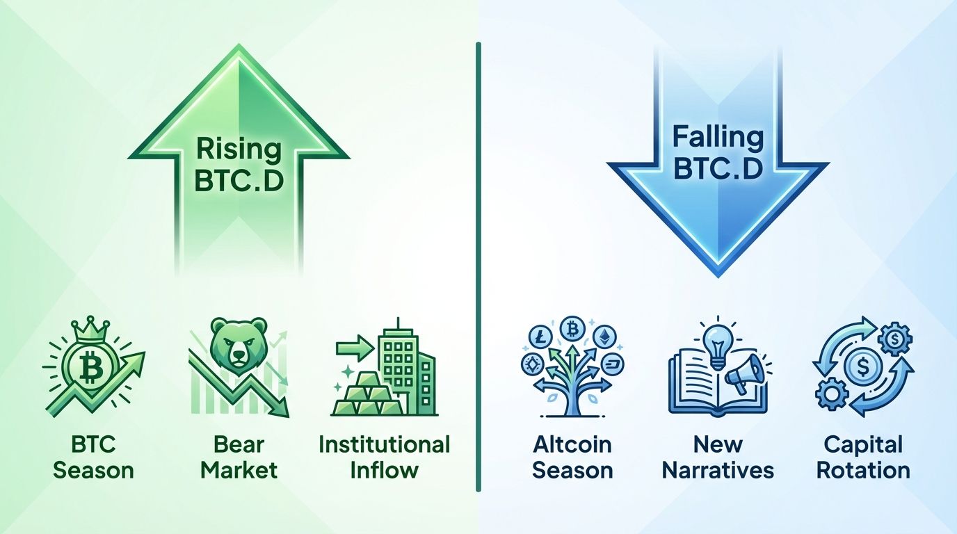 Rising BTC dominance signals Bitcoin season or bear market safety. Falling domin