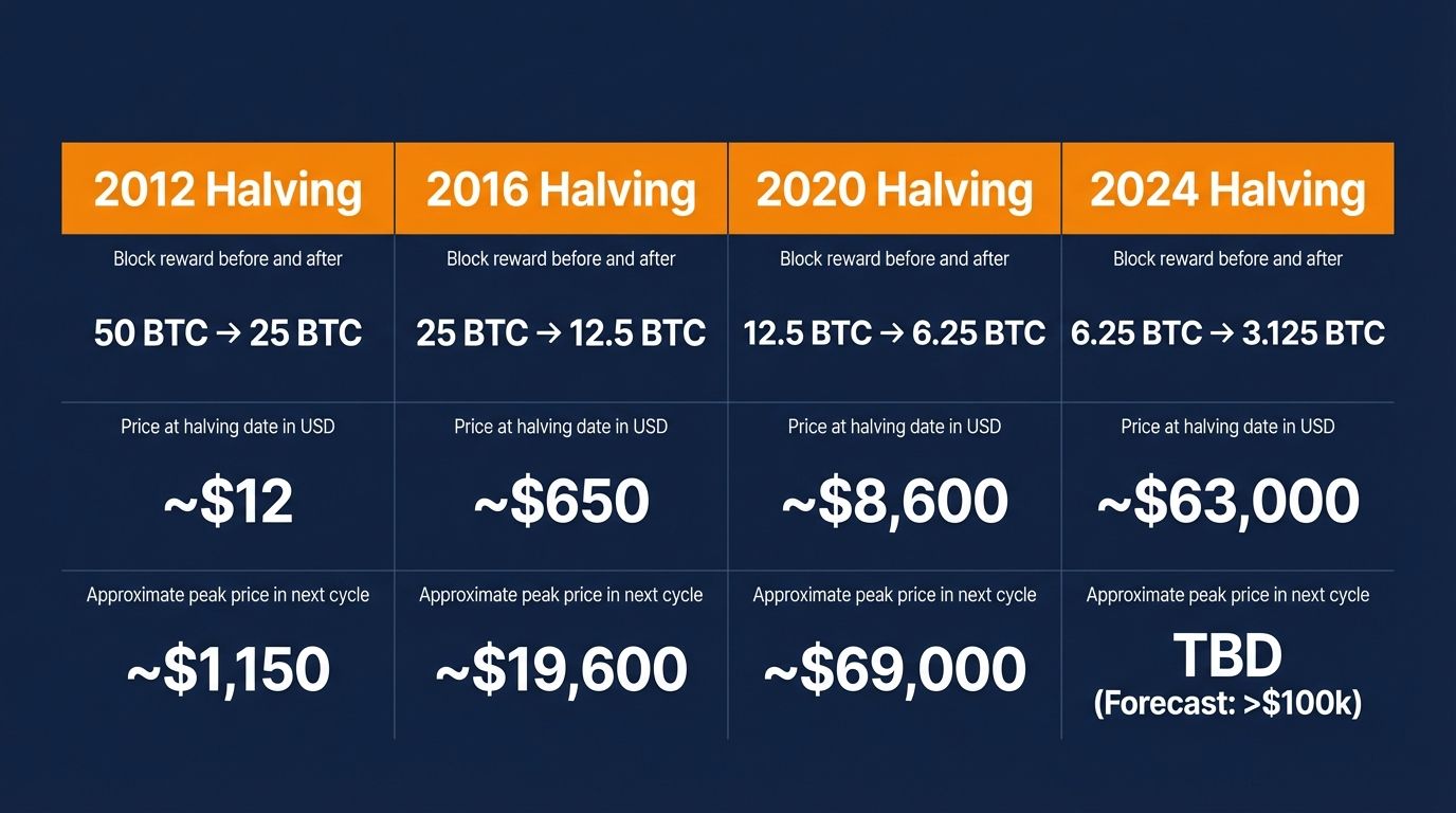 Bitcoin halving history 2012 2016 2020 2024 price data