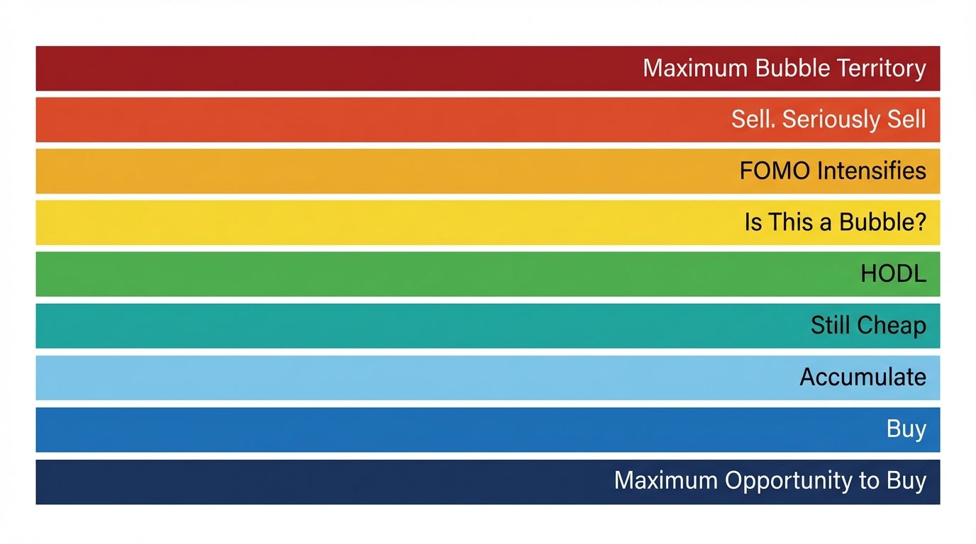 All nine Bitcoin rainbow chart color bands labeled from deep navy maximum opportunity to buy up to dark red maximum bubble territory