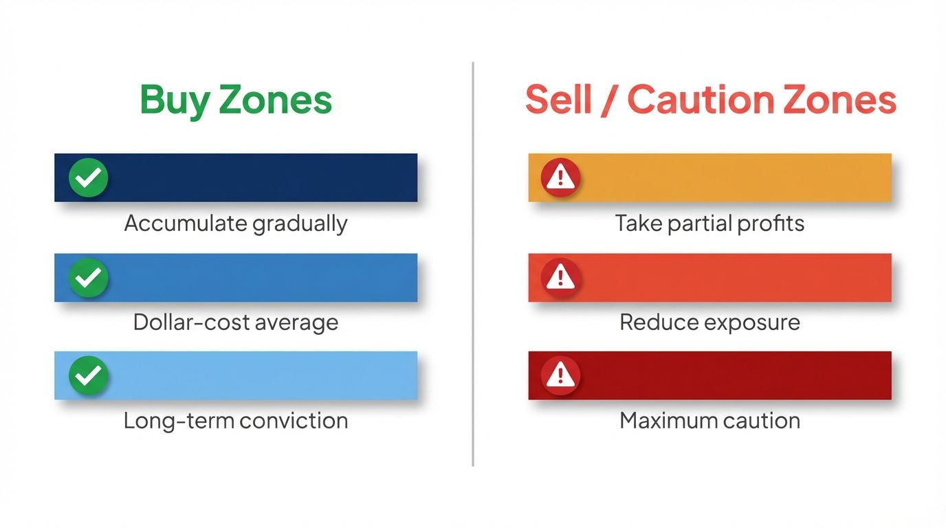 Bitcoin rainbow chart buy zones in blue and green versus sell and caution zones in amber and red with action labels