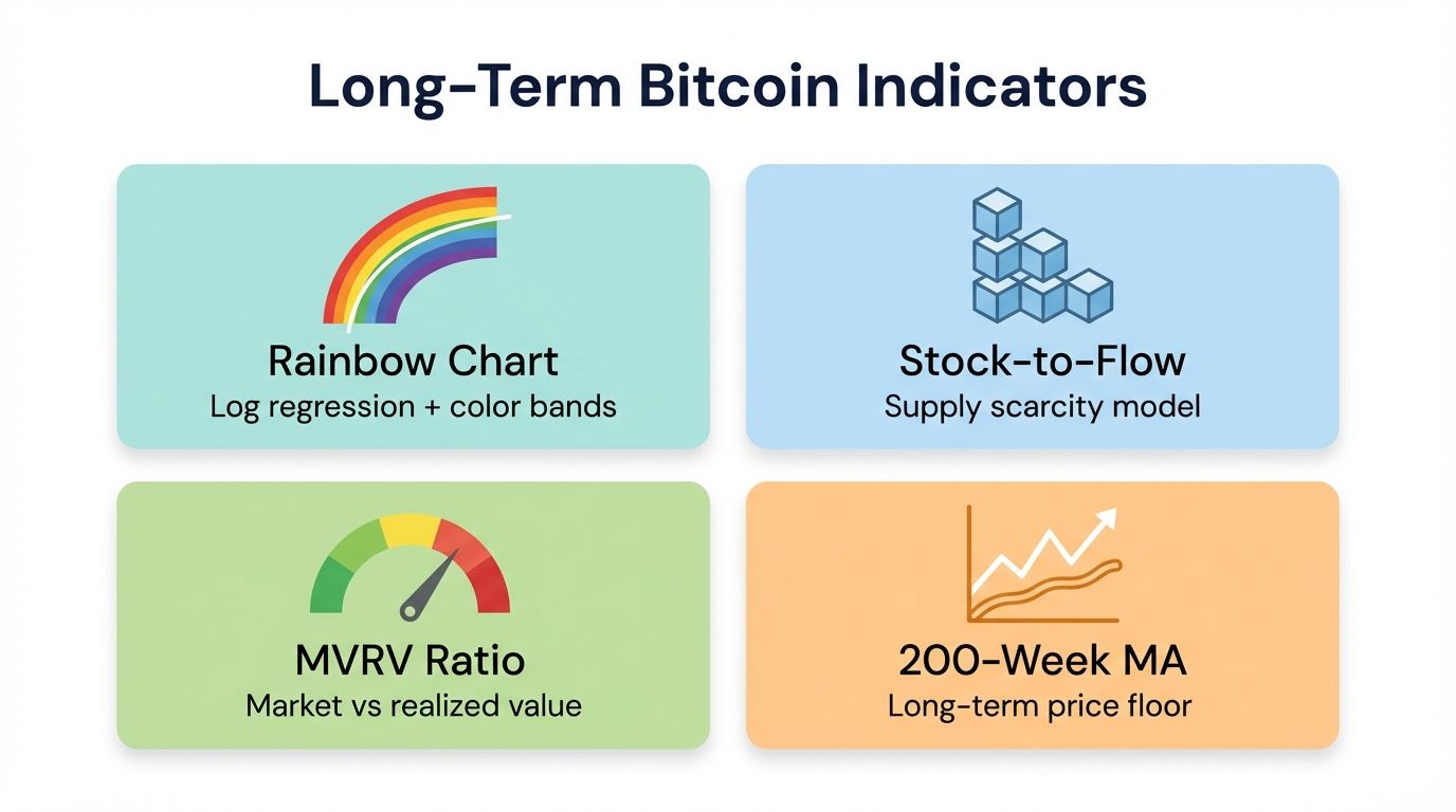 Comparison of four long-term Bitcoin indicators: rainbow chart stock to flow MVRV ratio and 200-week moving average