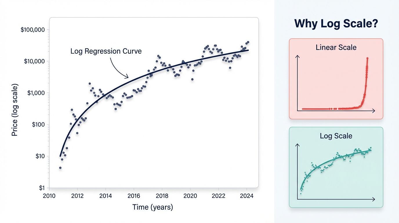 Logarithmic regression curve showing Bitcoin price on log scale versus linear scale explaining why the rainbow chart uses log regression