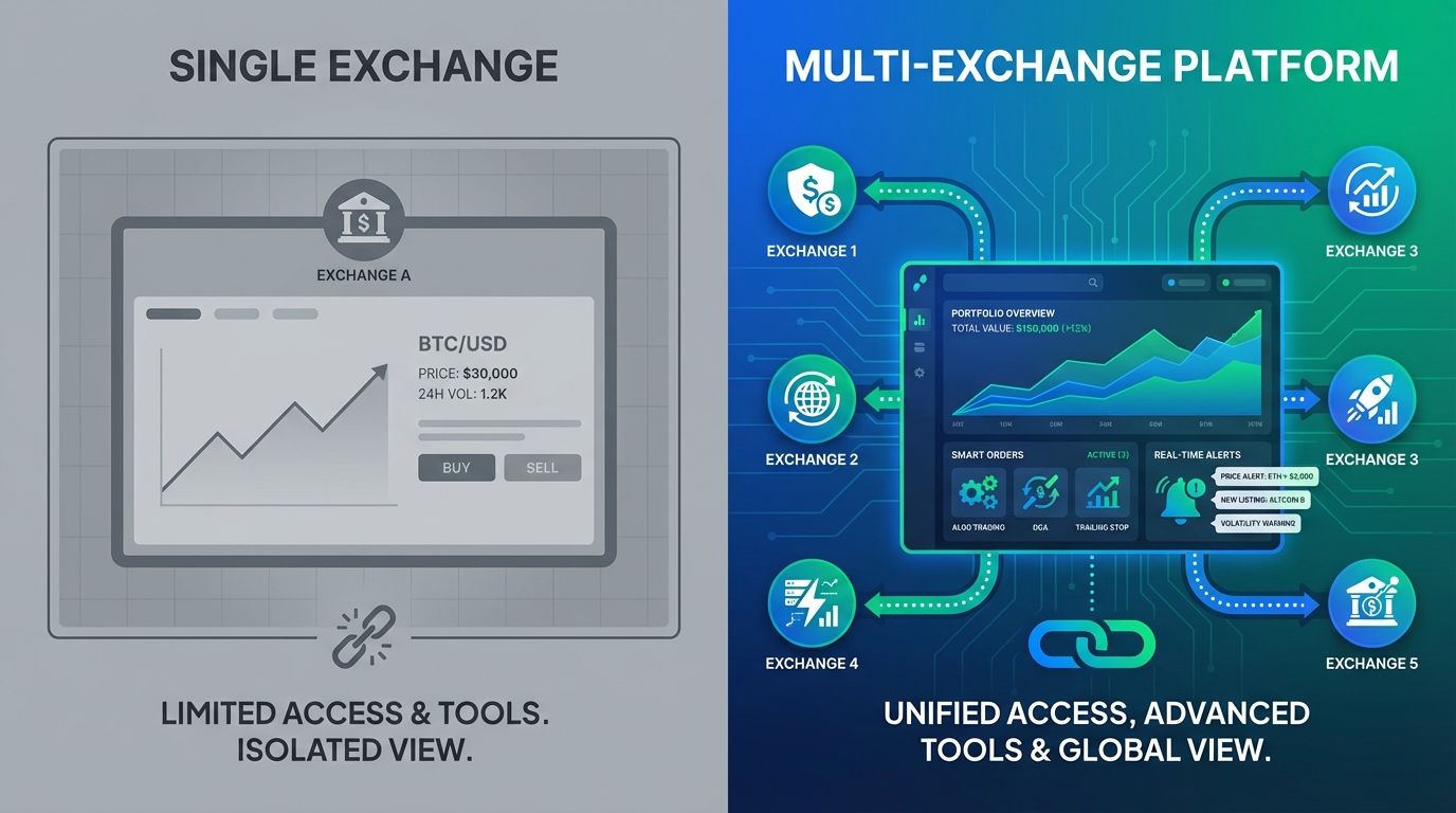 Multi-exchange trading platform showing unified dashboard with multiple exchange connections