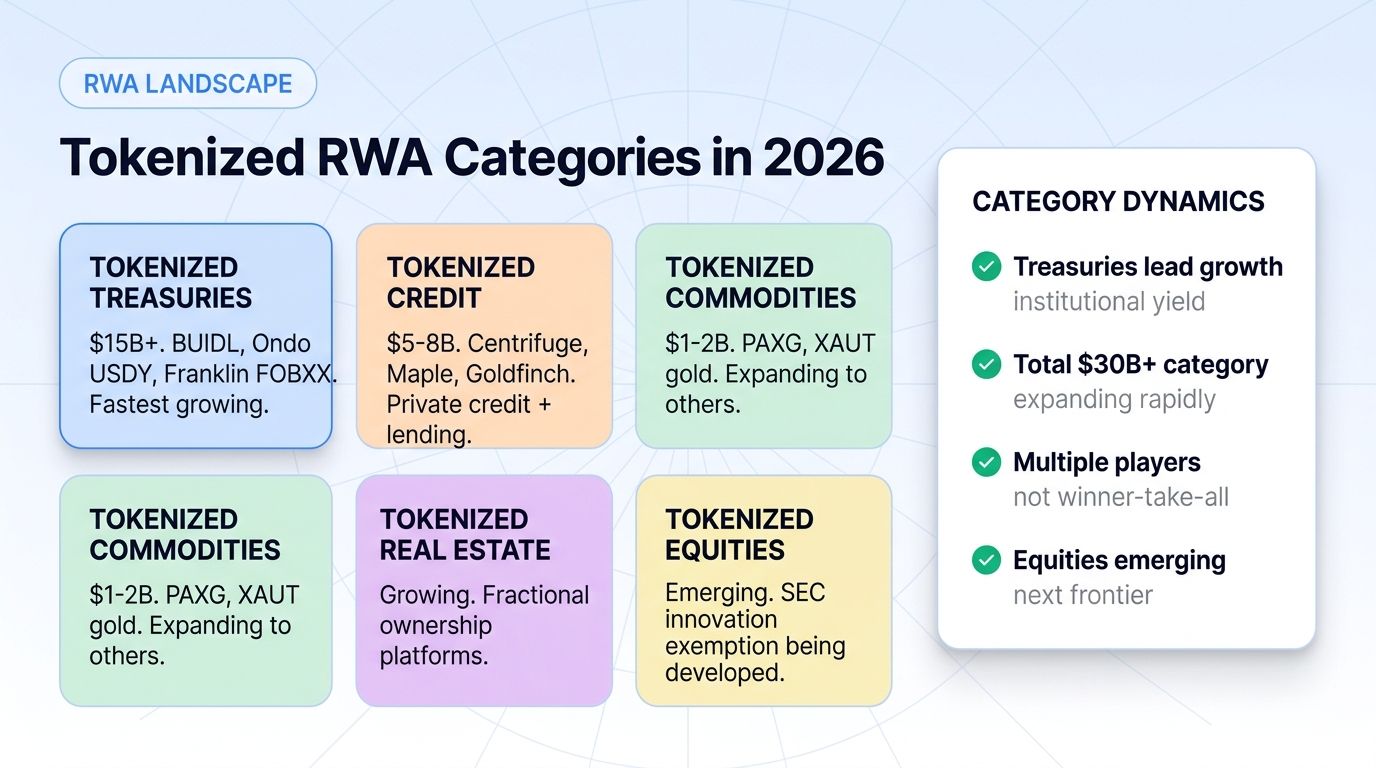 Tokenized RWA category landscape: Treasuries, credit, commodities, real estate, equities