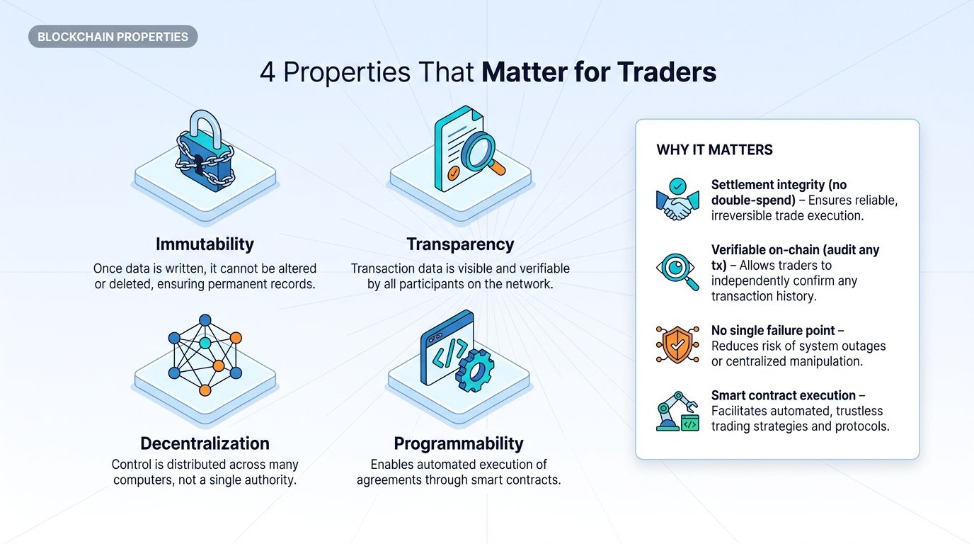 Four blockchain properties that affect trading: immutability, transparency, decentralization, programmability.