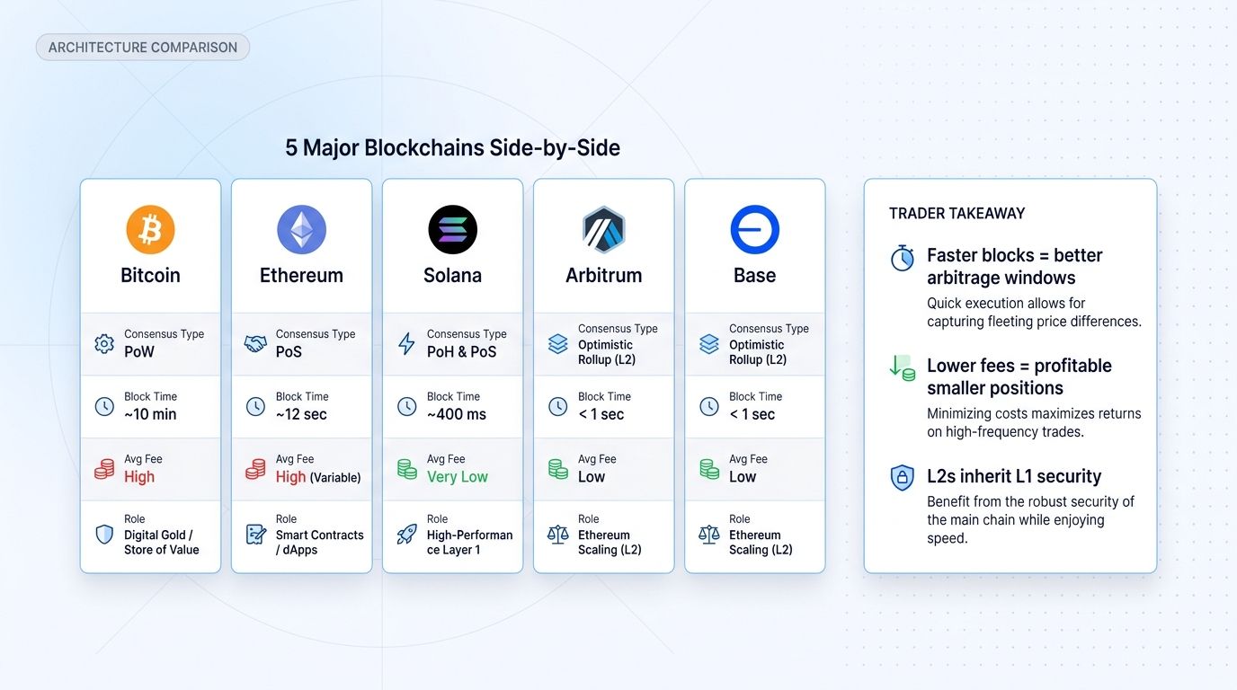 Comparison of Bitcoin, Ethereum, Solana, Arbitrum, and Base across consensus, block time, fees, and trader role.