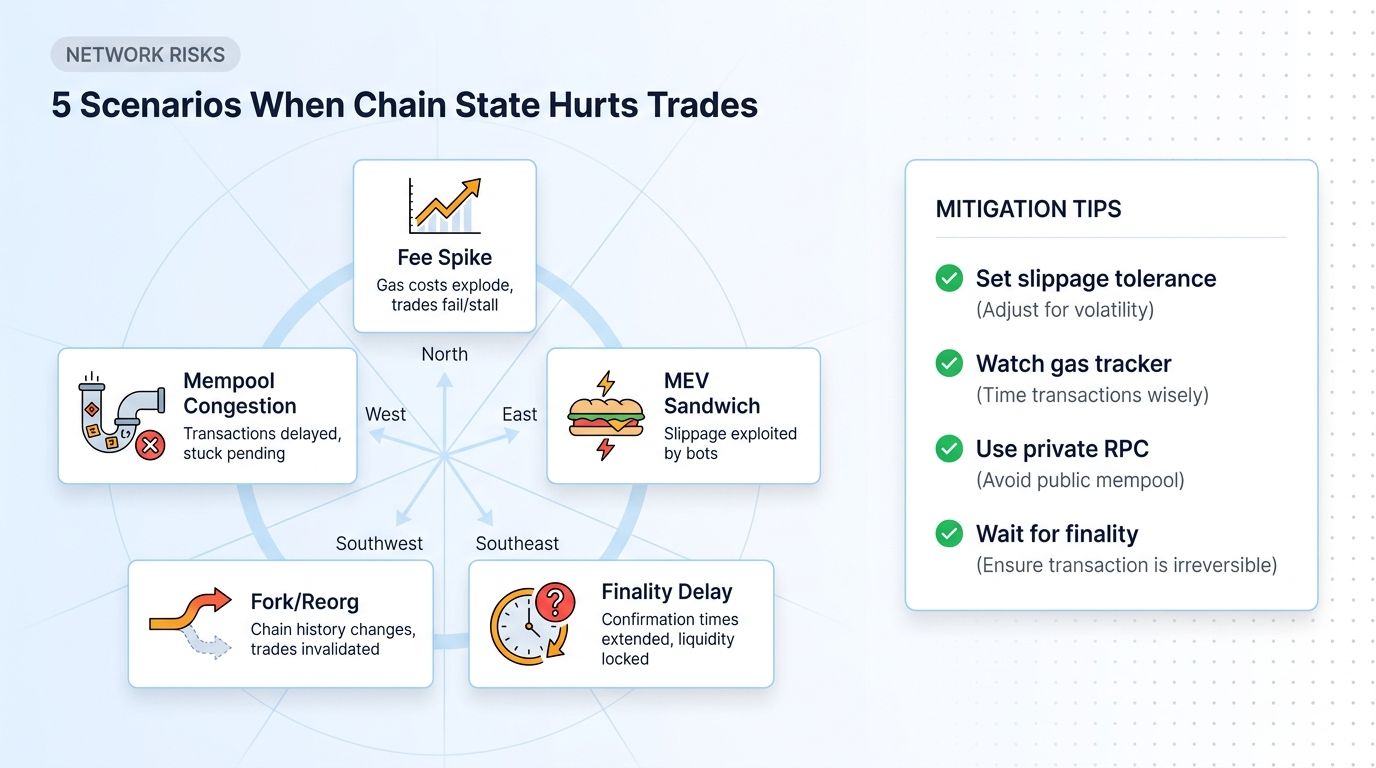 Five blockchain risk scenarios for traders: fee spikes, mempool congestion, MEV sandwiches, forks, and finality delay.