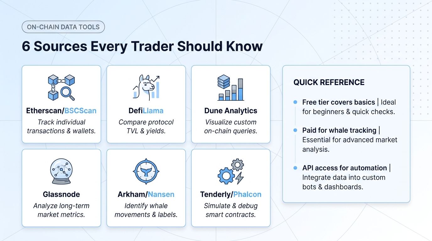 Six on-chain data tools every trader should know: Etherscan, DefiLlama, Dune, Glassnode, Arkham, Tenderly.
