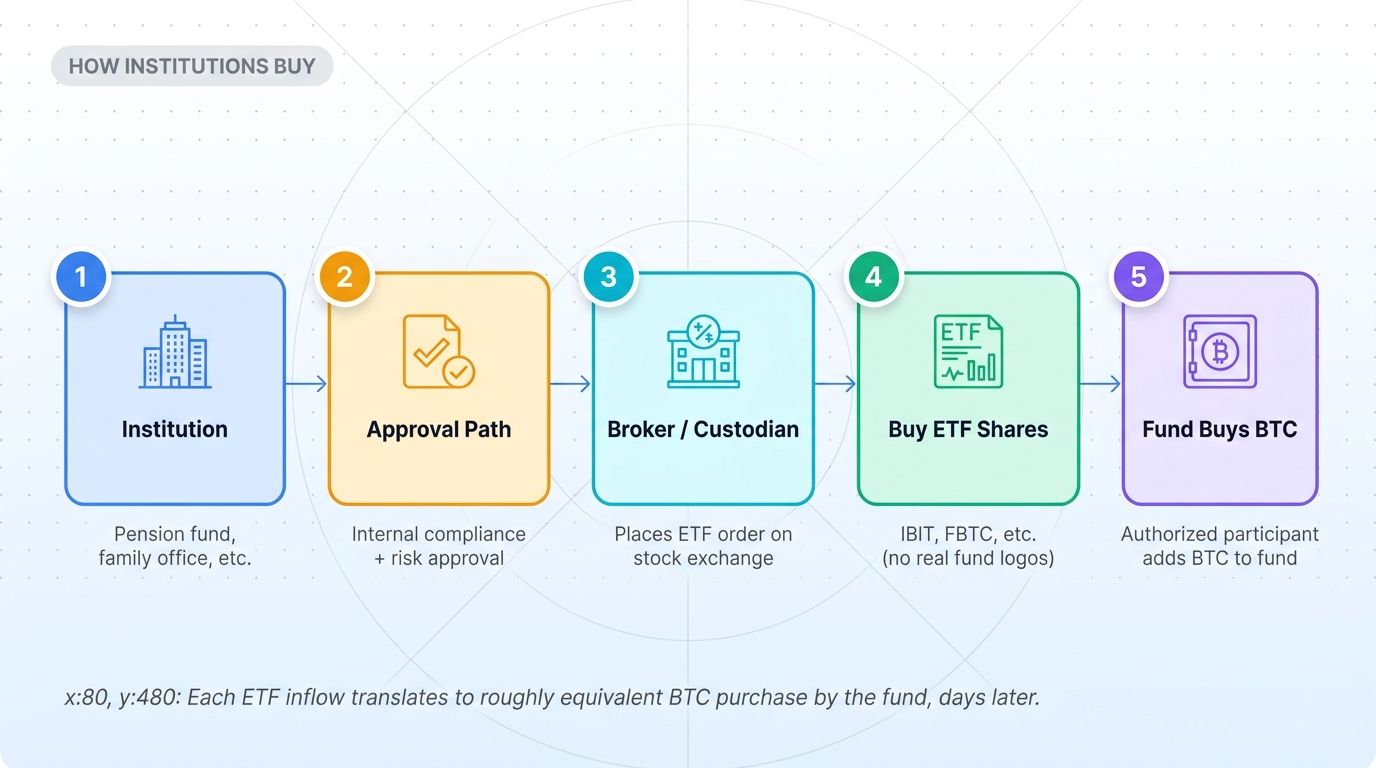How institutions buy Bitcoin through ETFs - 5-step flow from institution to fund custodian