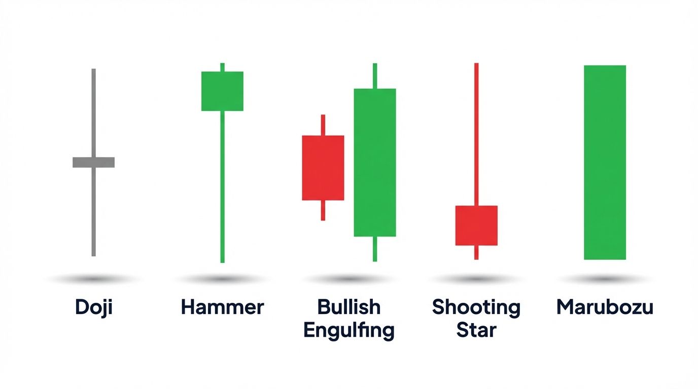 Candlestick patterns crypto trading guide: doji hammer engulfing shooting star marubozu