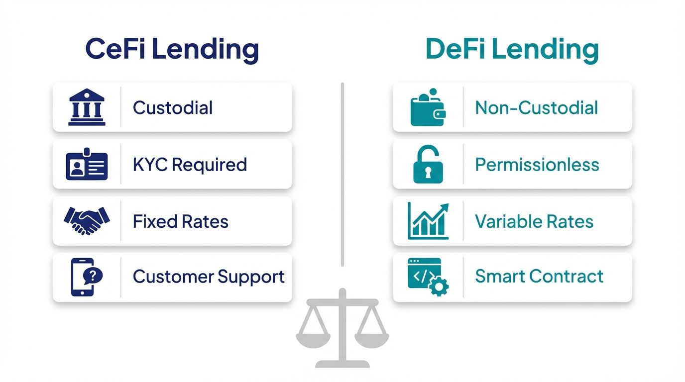 Side by side comparison of CeFi lending versus DeFi lending features including custody KYC rates and smart contracts